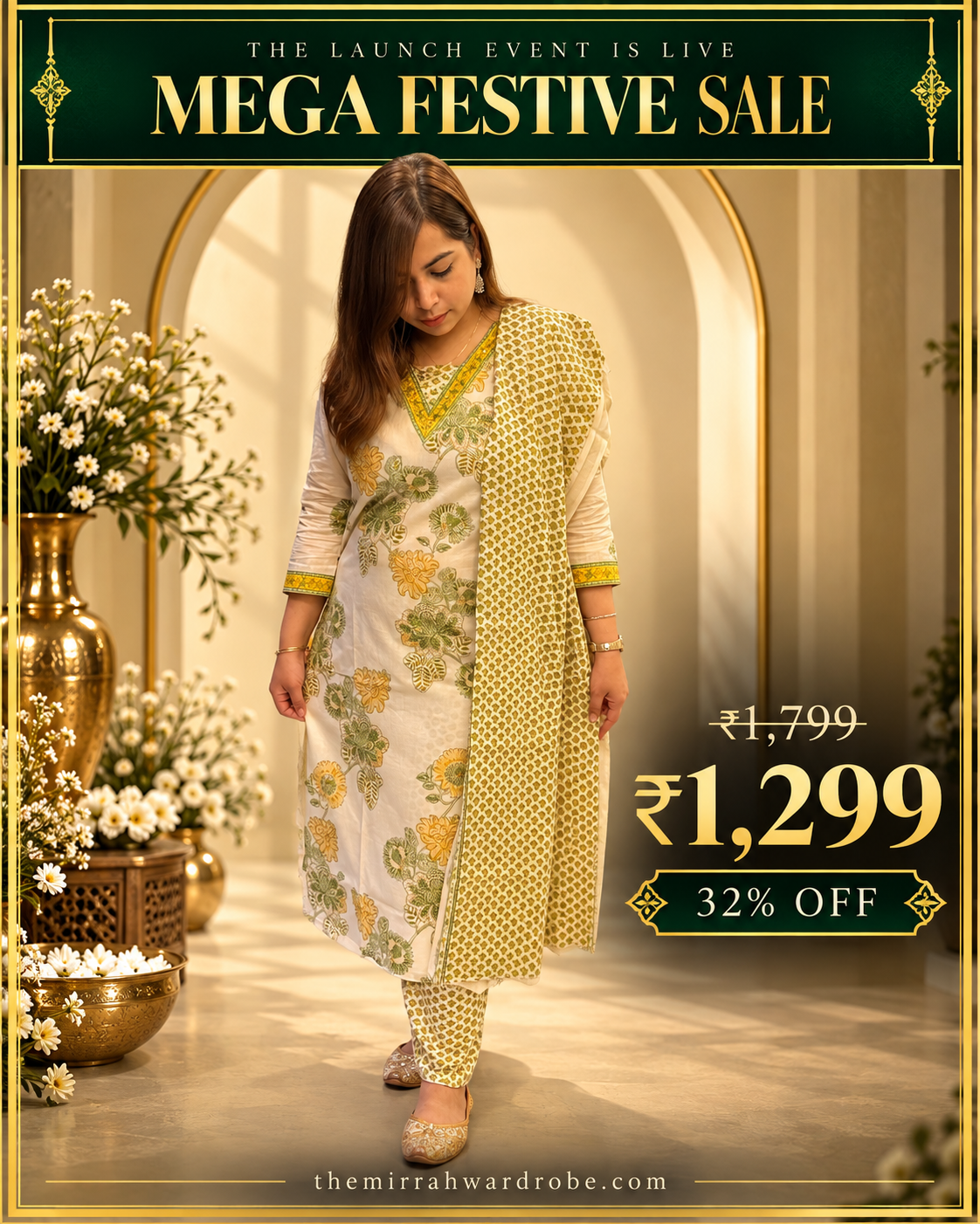 Beige & Olive Botanical Cotton 3-Piece Suit Set