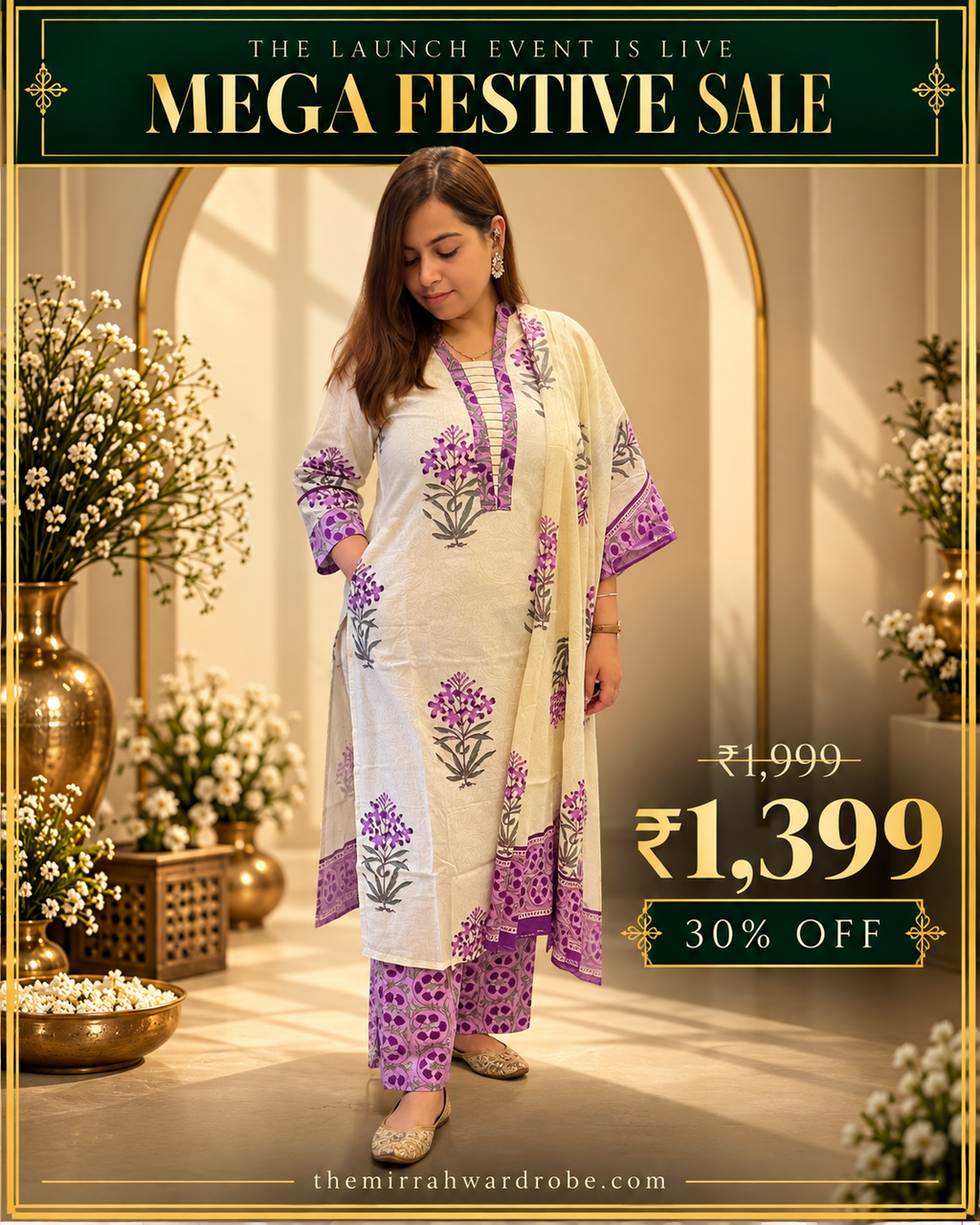 White & Purple Cotton 3-Piece Suit Set