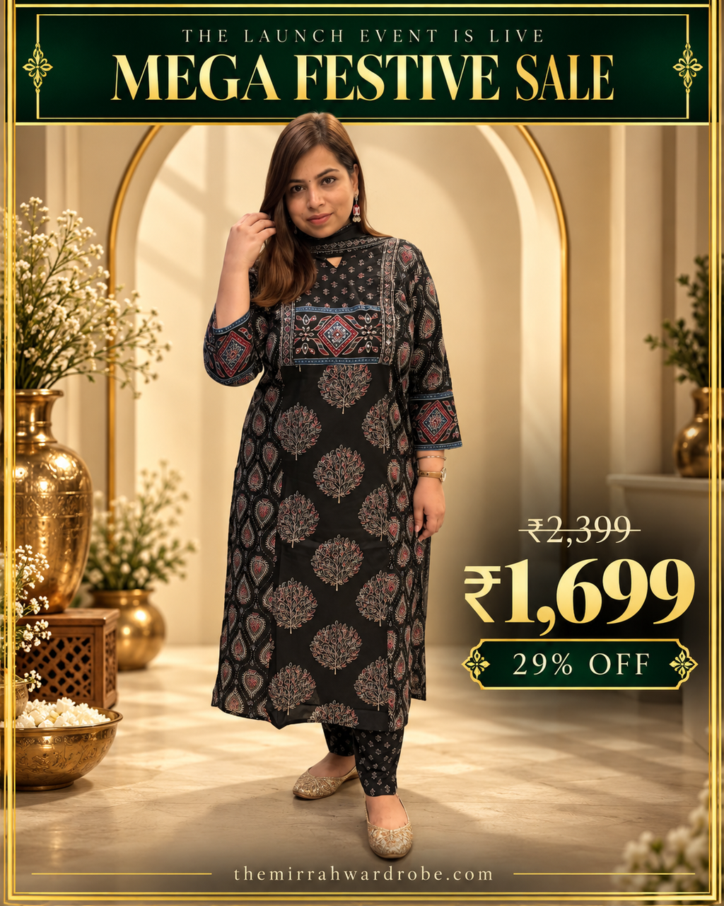 Black Cotton Block-Print 3-Piece Suit Set