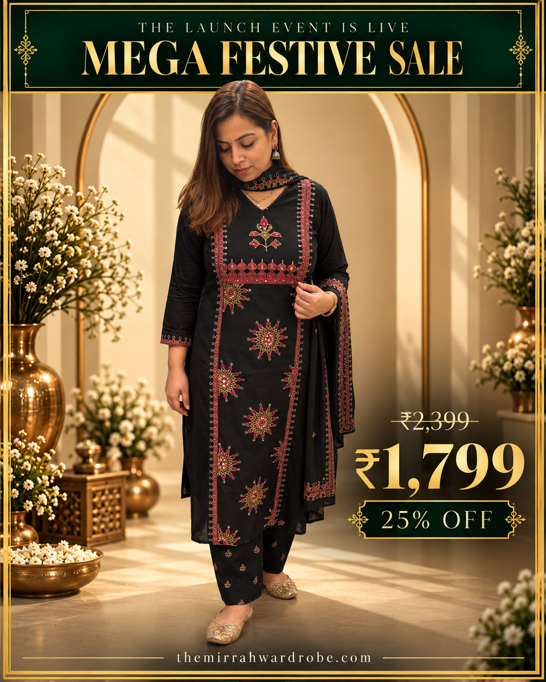 Black & Magenta Cotton 3-Piece Suit Set