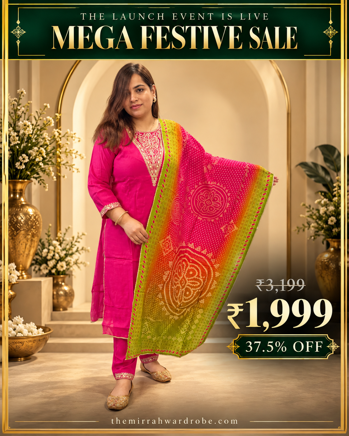 Rani Pink Chanderi Silk Festive Suit Set with Bandhani Dupatta