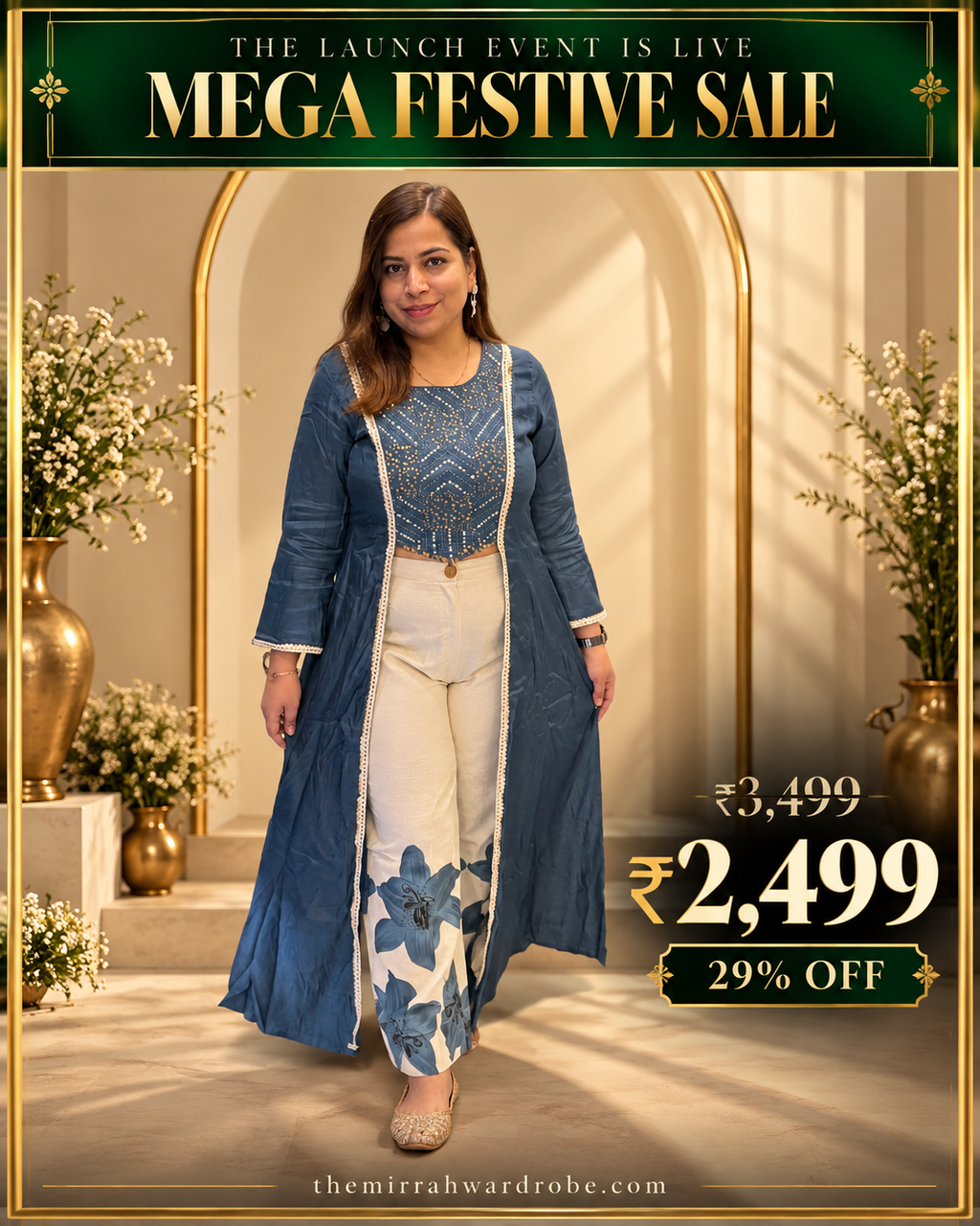 Navy Blue & White Ethnic Fusion Set with Shimmering Sequin Work