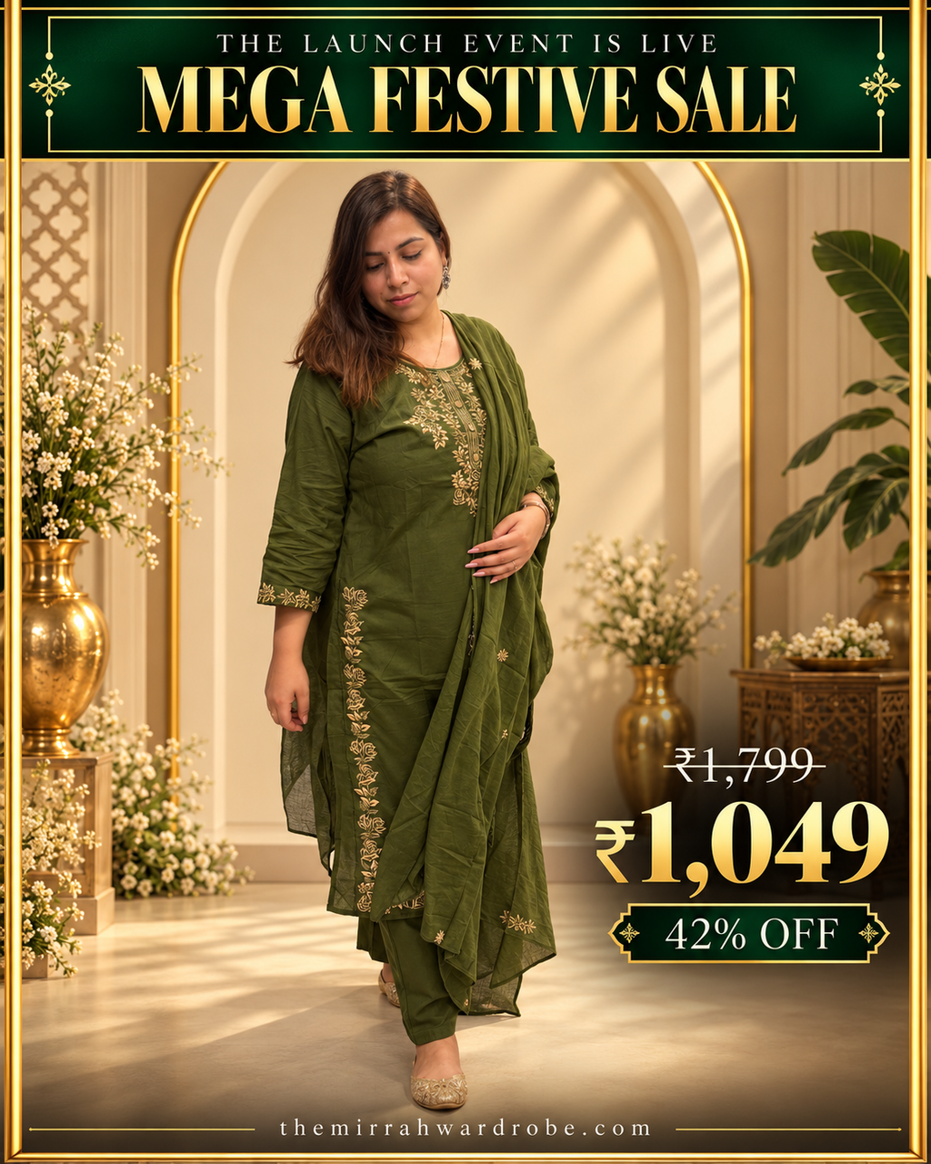 Mehndi Green/Mauve Cotton 3-Piece Suit Set (Two Color Options)