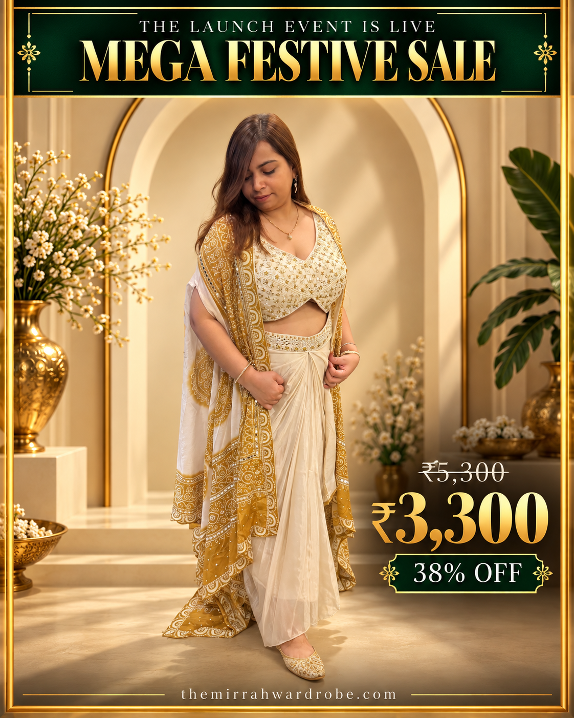 Ivory & Green 3-Piece Dhoti Skirt Set with Shrug