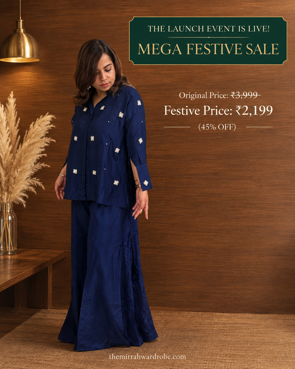 Navy Blue Cotton Silk Coord Set with Zardozi-Embroidered Shirt