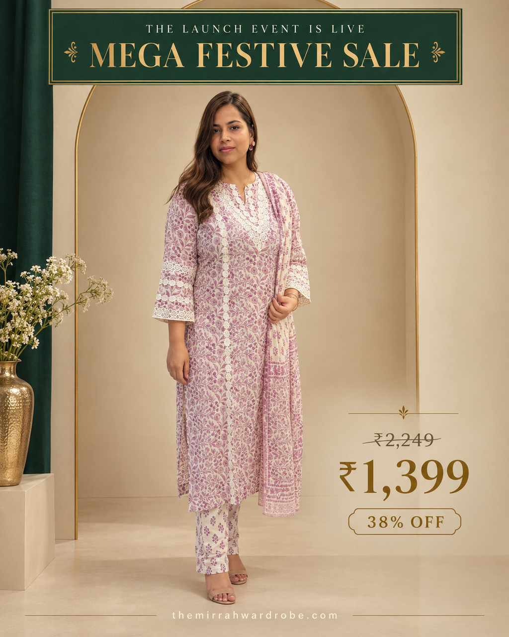 White & Lavender Cotton Kurta Set with Lace Detailing