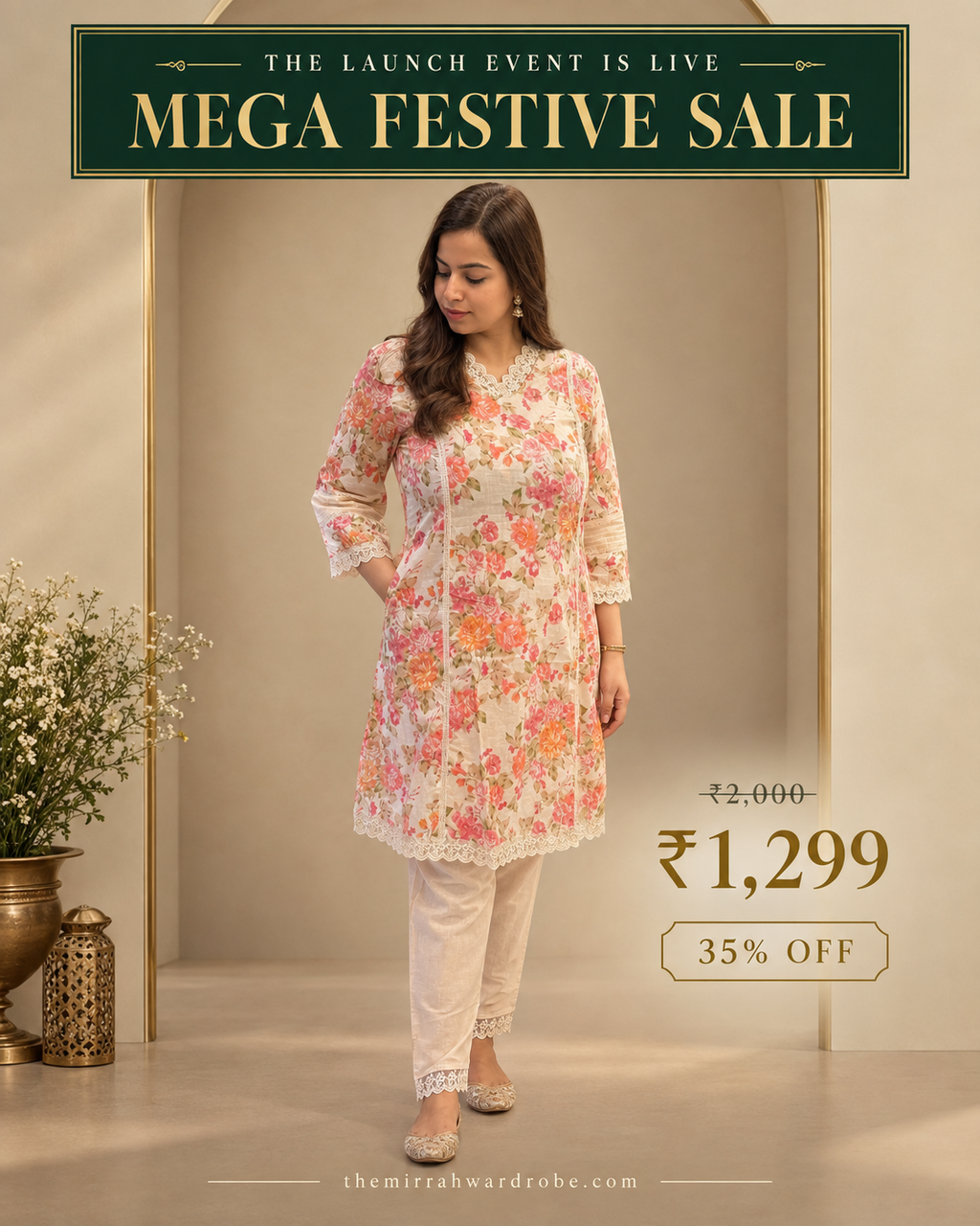 Peach Pastel Floral Cotton Co-ord Set with Lace Detailing