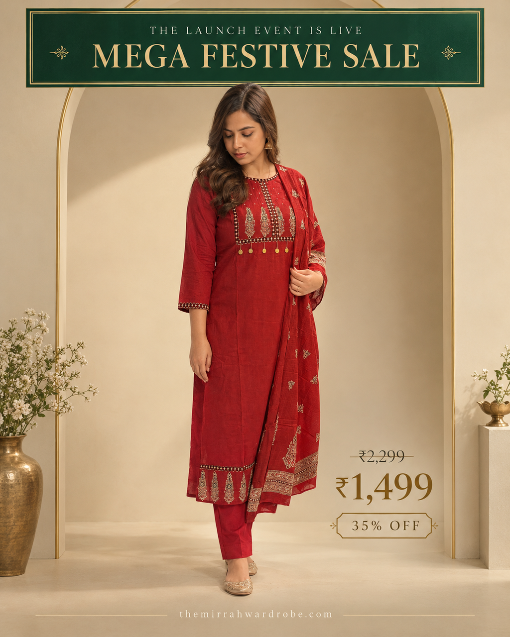 Rust Patchwork Cotton 3-Piece Suit Set with Block Print Dupatta