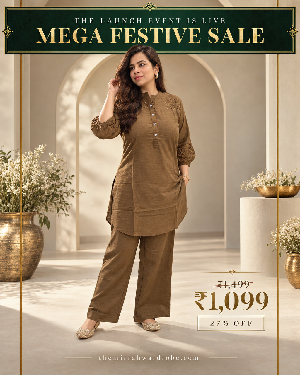 Earthen Brown Cotton Co-ord Set with Cut Work Detail