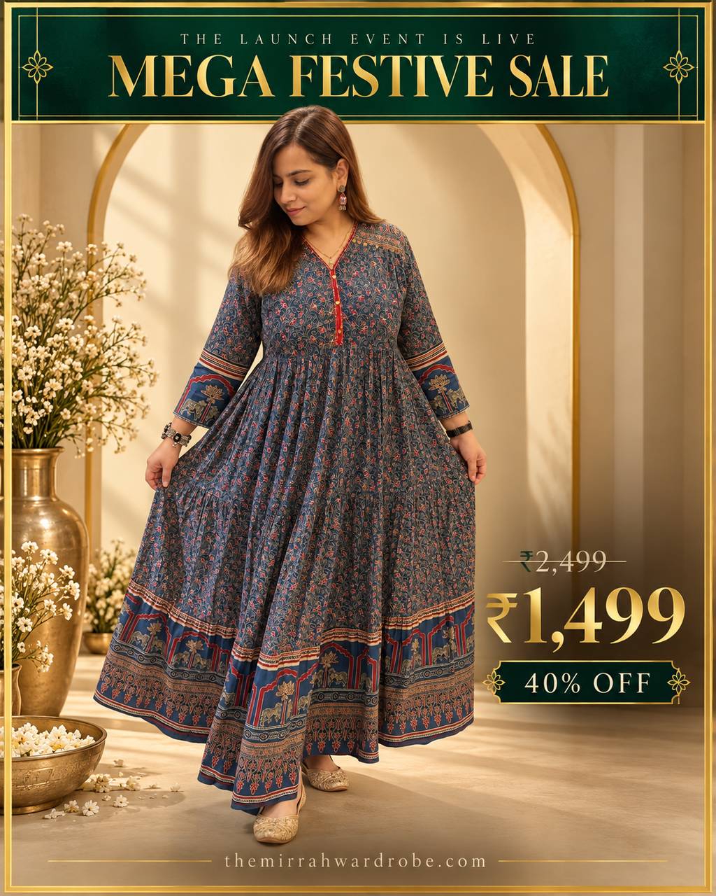 Blue Printed Anarkali Dress & Kurta with Yoke Detailing