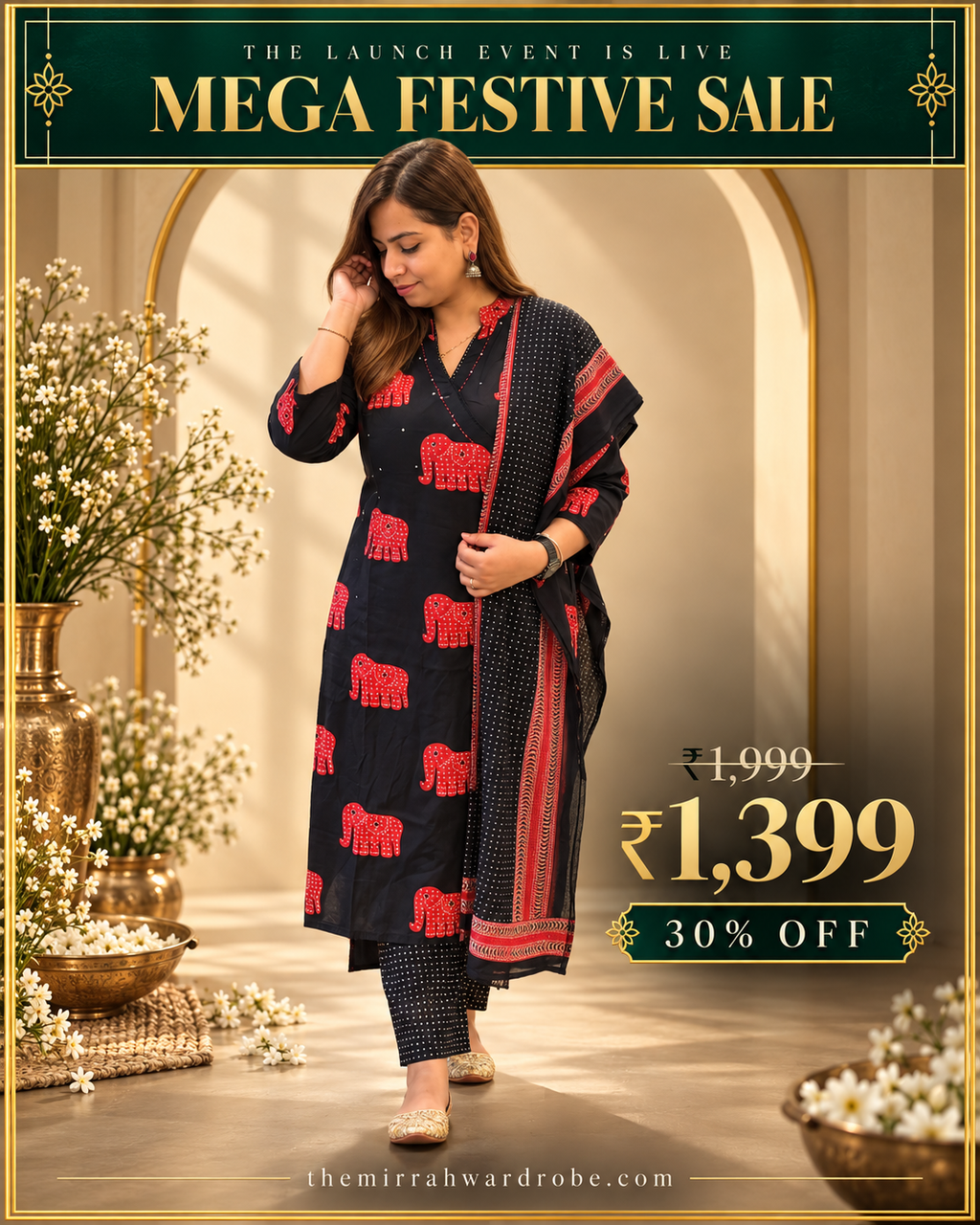 Black & Red Cotton 3-Piece Everyday Suit Set