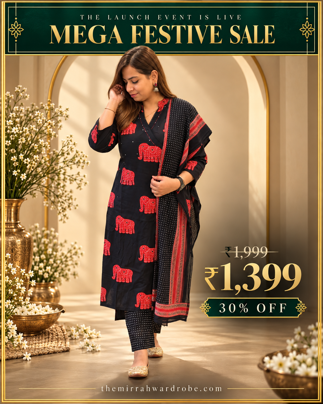 Black & Red Cotton 3-Piece Everyday Suit Set