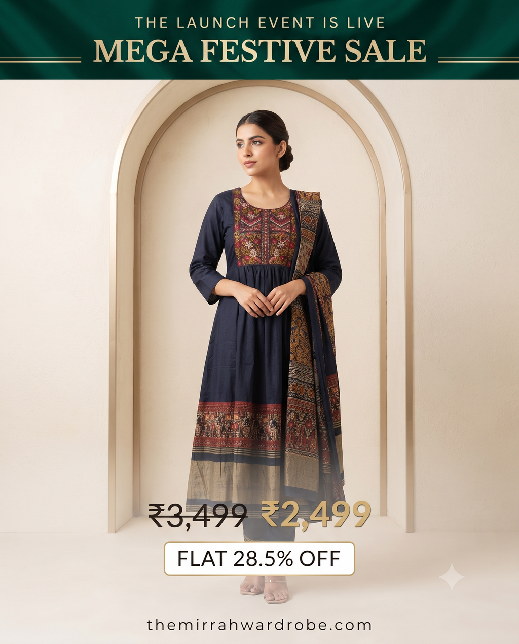 Navy Blue Chanderi 3-Piece Suit Set with Kantha Work