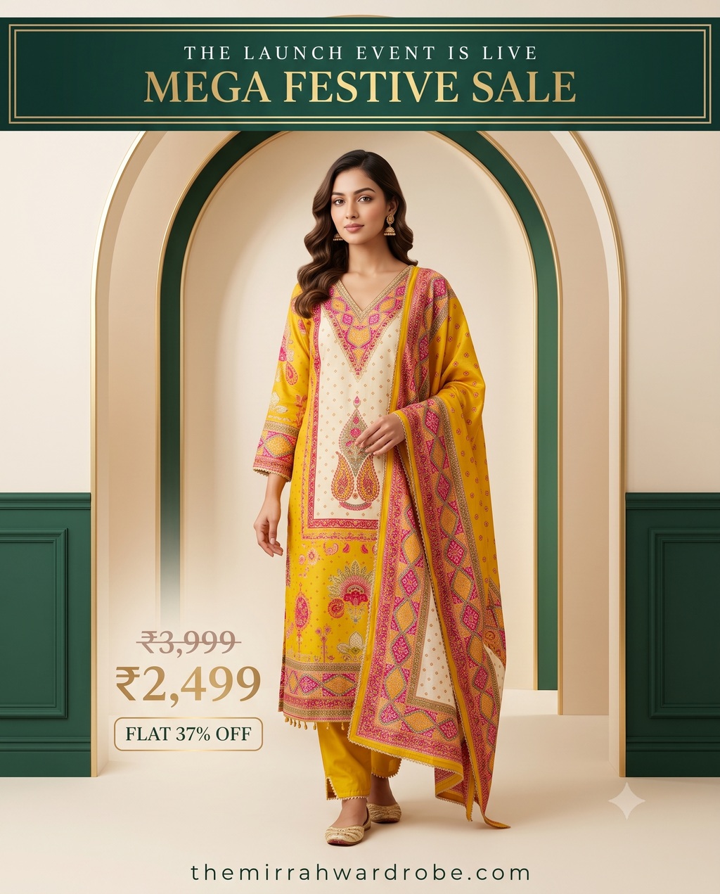 Yellow Three-Piece Crepe Suit Set with Neck Embellishments & Tassel Hem