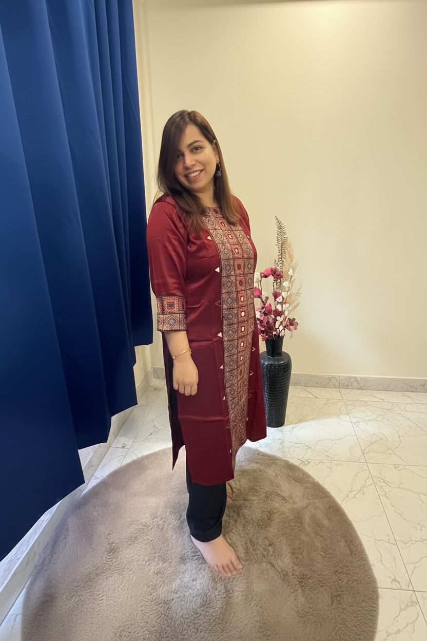 Rust Kurti with Ajrakh Patchwork & Mirror Detail