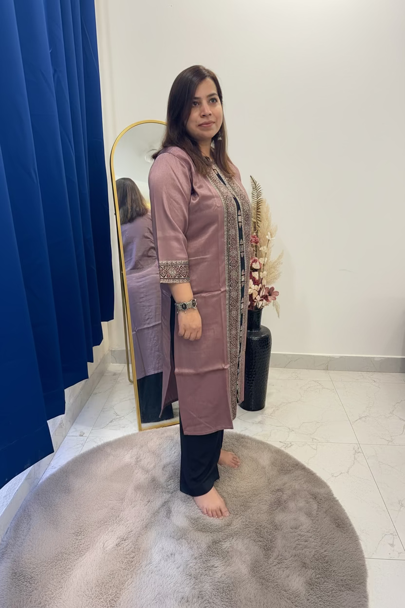 Mauve Kurti with Ajrakh Patchwork & Mirror Detail