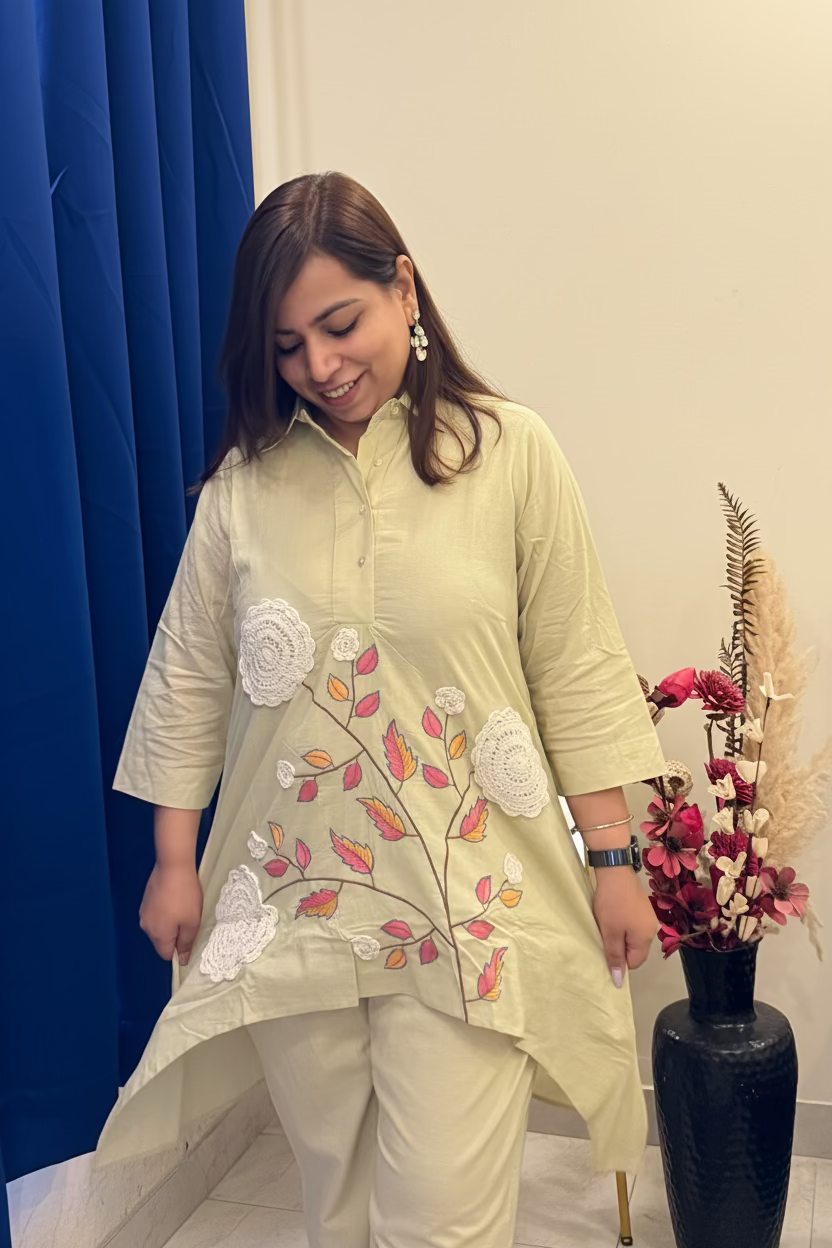 Sage Green Coord Set With Floral Embroidery