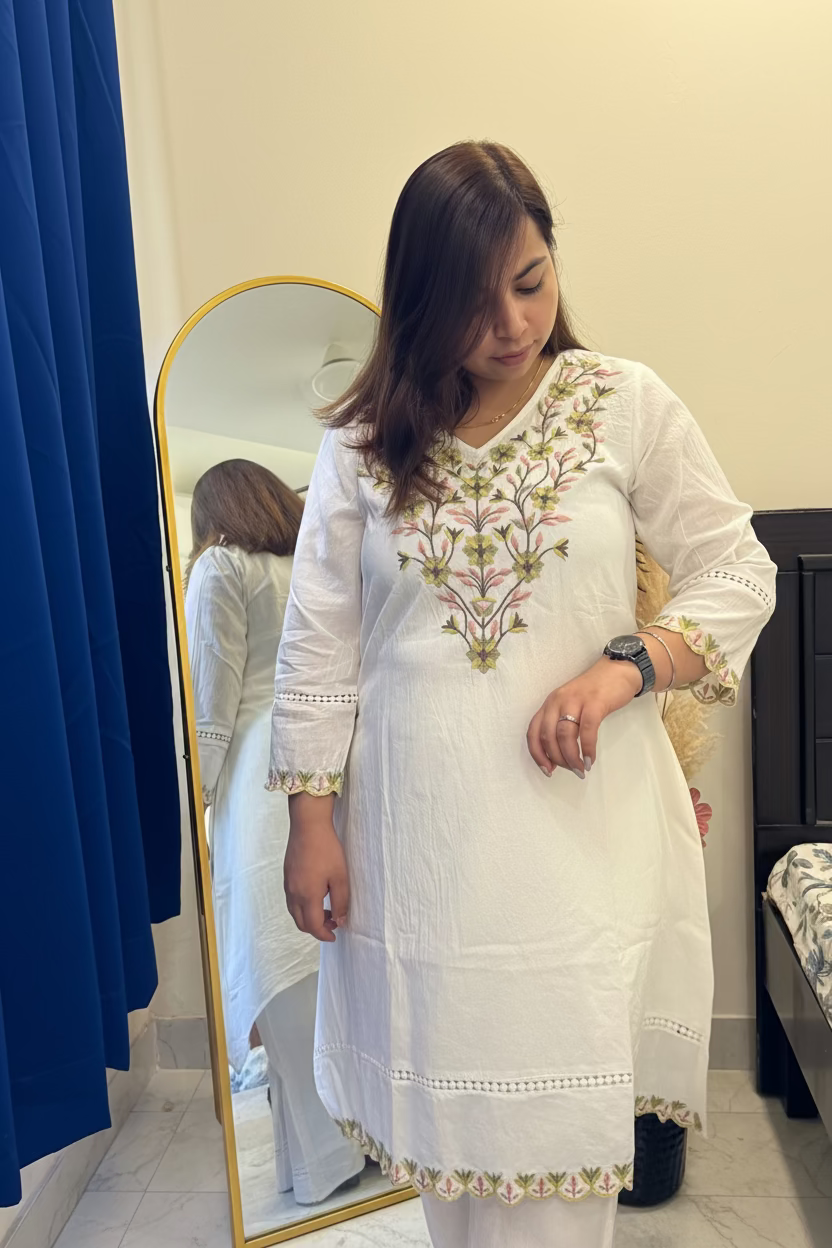White Mul Cotton Co-ord Set with Floral Thread Work