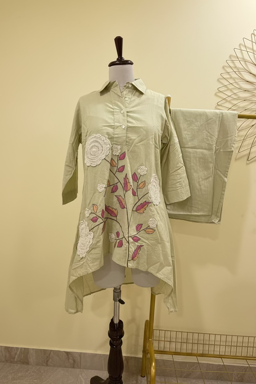 Sage Green Coord Set With Floral Embroidery