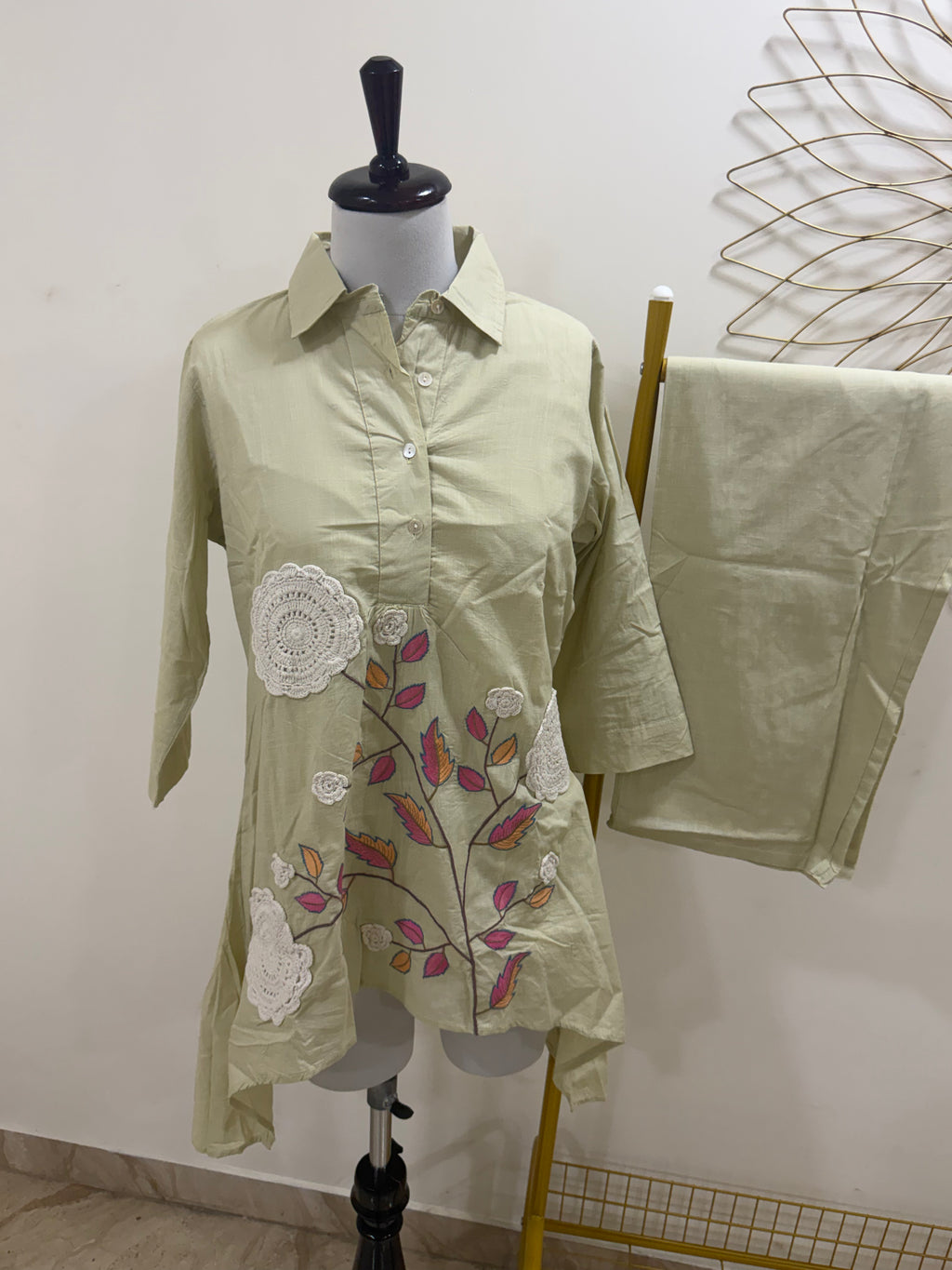 Sage Green Coord Set With Floral Embroidery