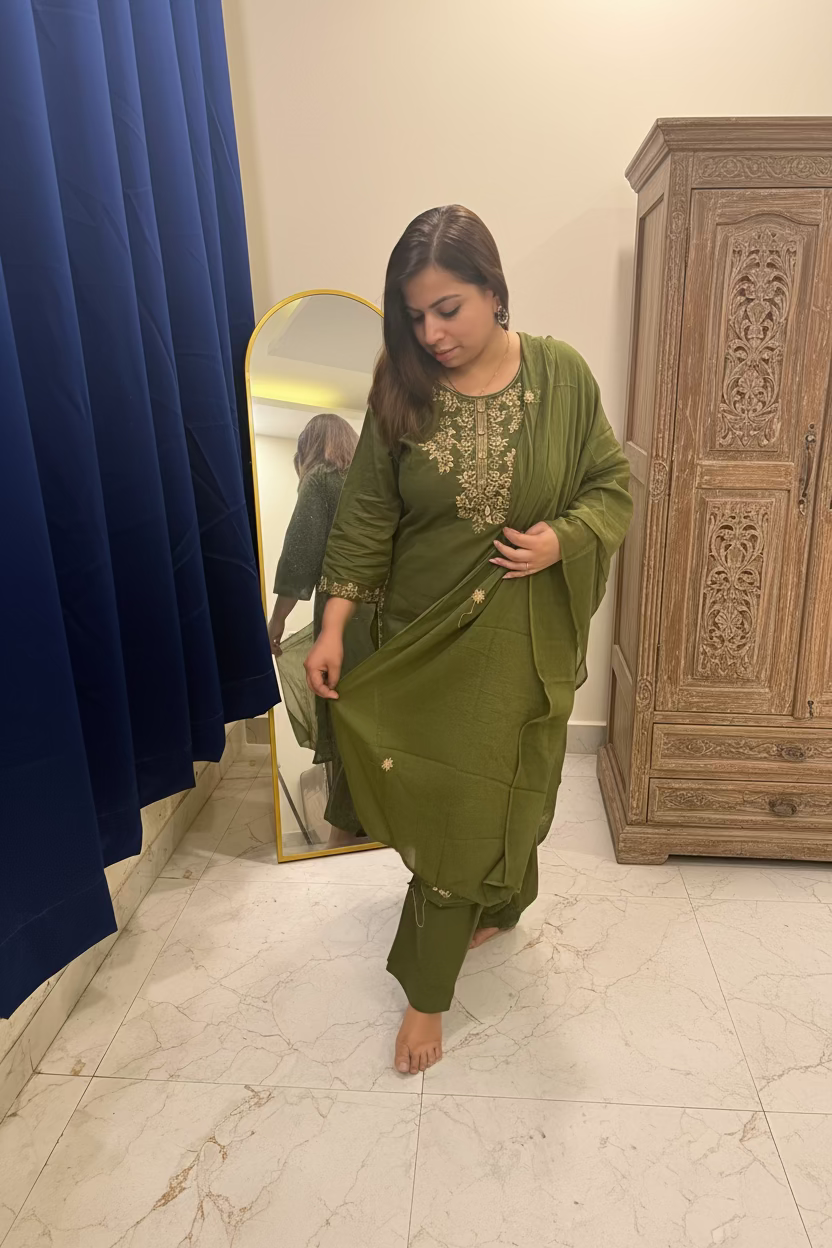 Mehndi Green/Mauve Cotton 3-Piece Suit Set (Two Color Options)
