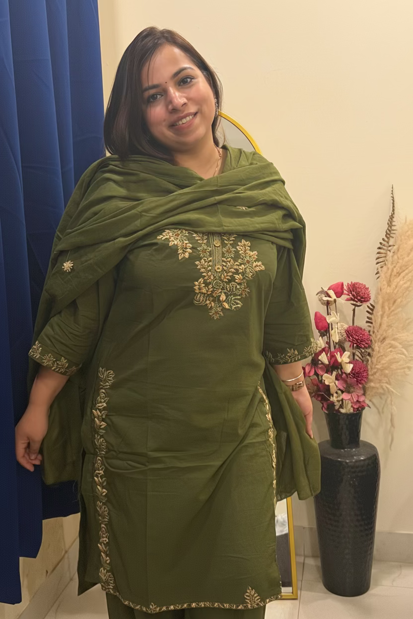 Mehndi Green/Mauve Cotton 3-Piece Suit Set (Two Color Options)