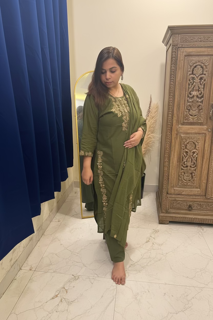 Mehndi Green/Mauve Cotton 3-Piece Suit Set (Two Color Options)