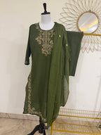 Mehndi Green/Mauve Cotton 3-Piece Suit Set (Two Color Options)