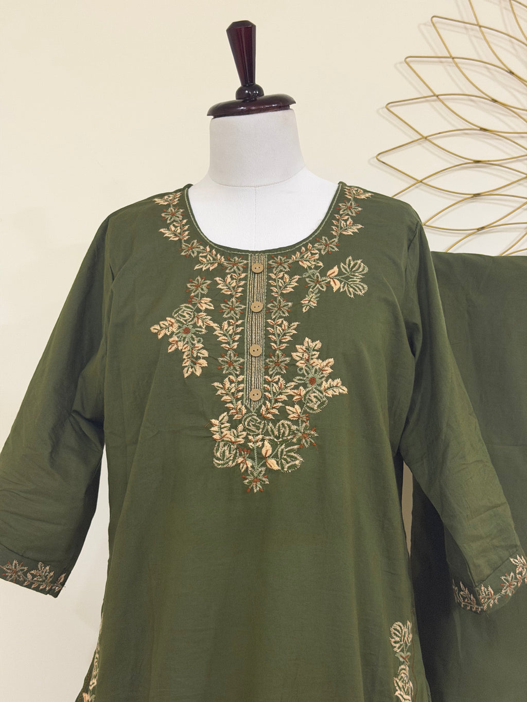 Mehndi Green/Mauve Cotton 3-Piece Suit Set (Two Color Options)