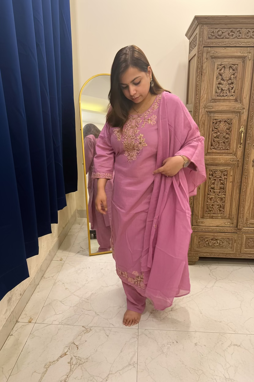 Mehndi Green/Mauve Cotton 3-Piece Suit Set (Two Color Options)