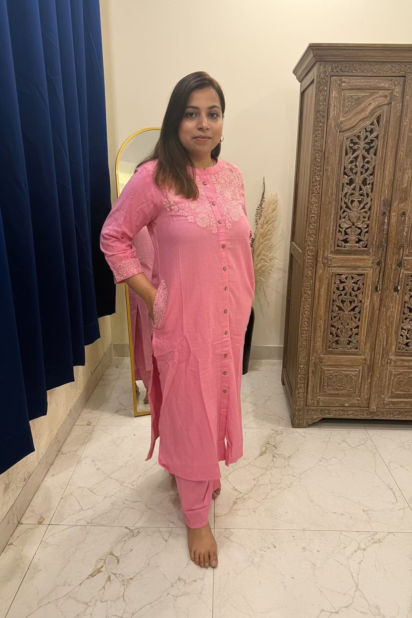 Pink Khadi Cotton Embroidered Co-ord Set