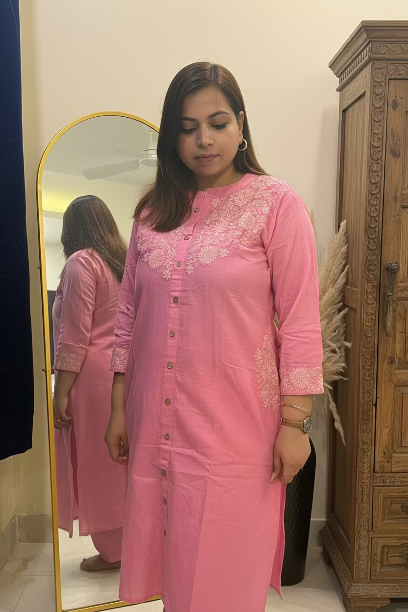 Pink Khadi Cotton Embroidered Co-ord Set