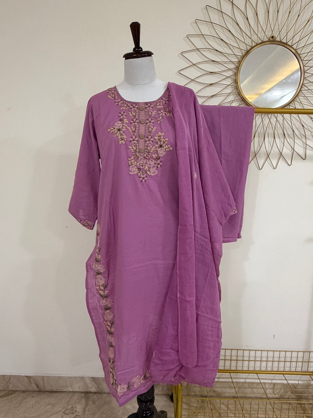 Mehndi Green/Mauve Cotton 3-Piece Suit Set (Two Color Options)
