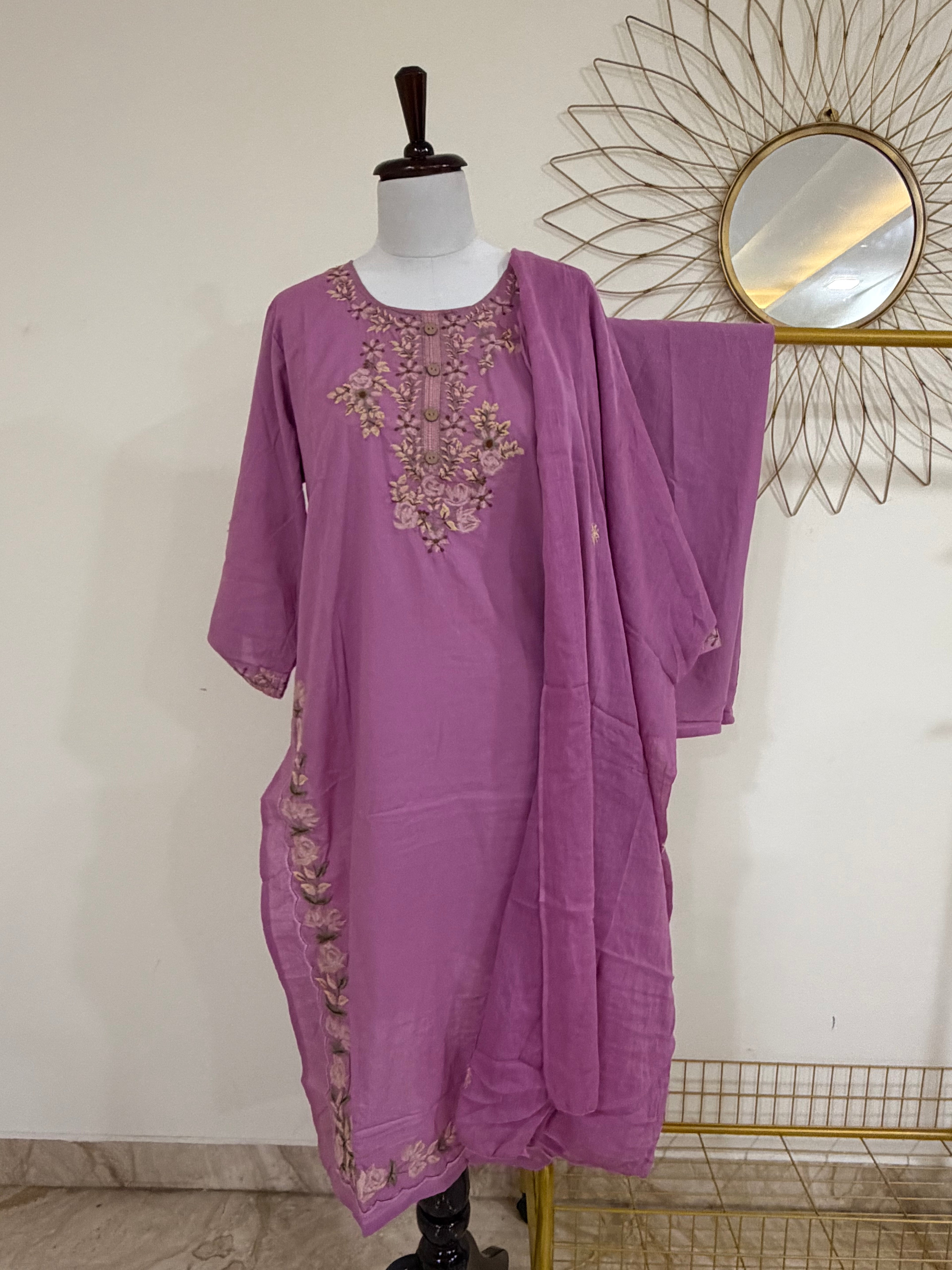 Mehndi Green/Mauve Cotton 3-Piece Suit Set (Two Color Options)