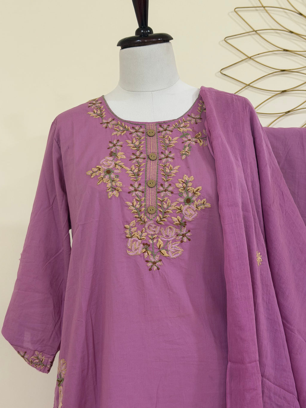 Mehndi Green/Mauve Cotton 3-Piece Suit Set (Two Color Options)