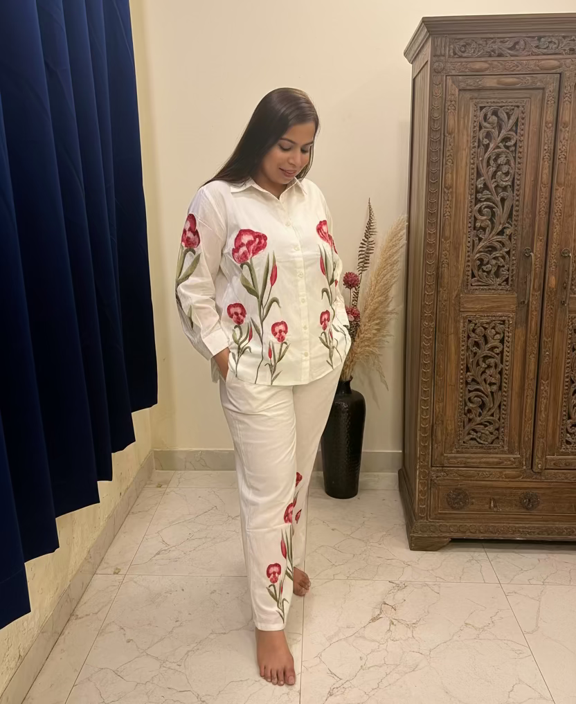 White Embroidered Cotton Shirt Co-ord Set