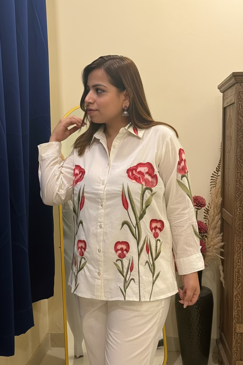 White Embroidered Cotton Shirt Co-ord Set