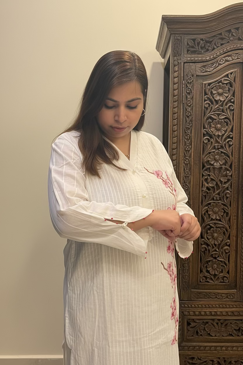 White Cherry Blossom Printed Co-ord Set with Embroidery