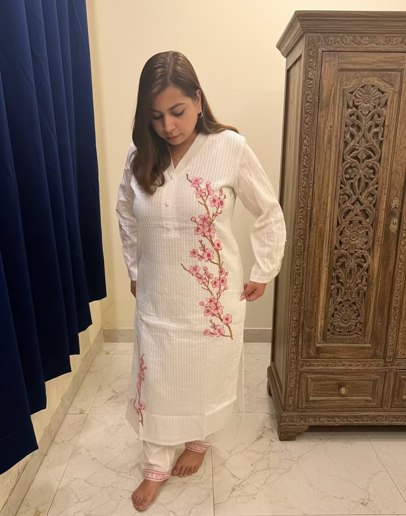 White Cherry Blossom Printed Co-ord Set with Embroidery