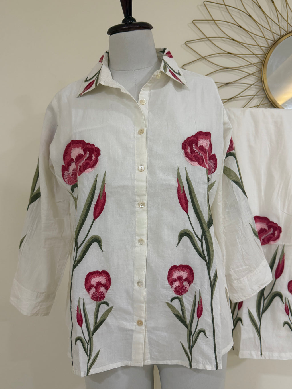 White Embroidered Cotton Shirt Co-ord Set