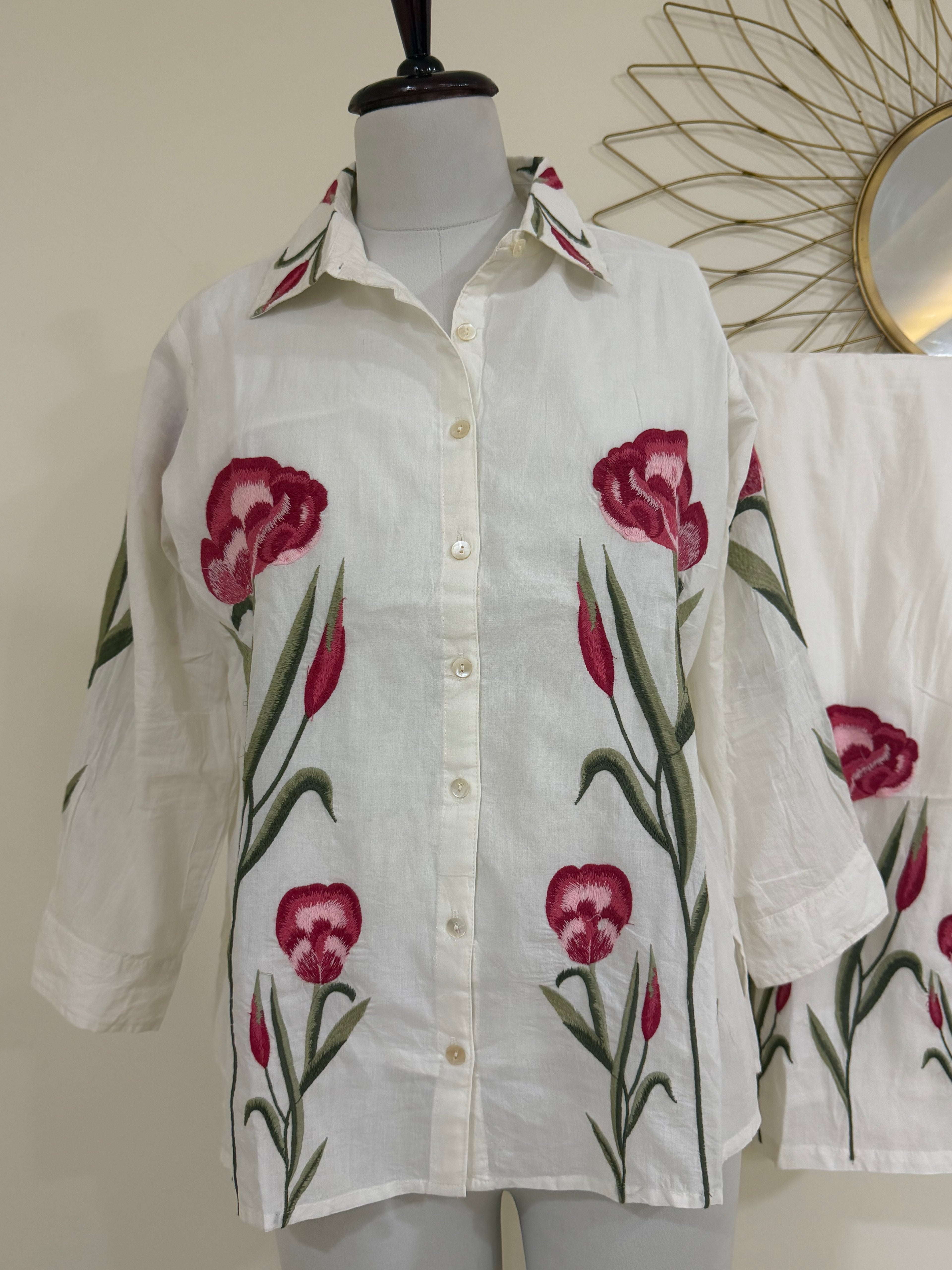White Embroidered Cotton Shirt Co-ord Set