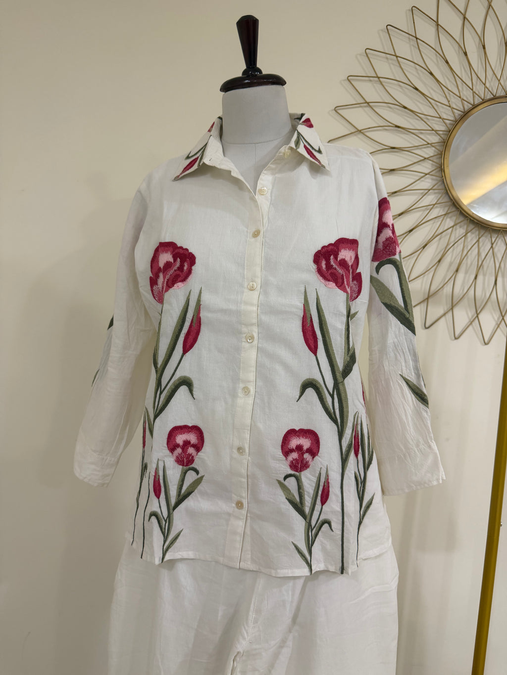 White Embroidered Cotton Shirt Co-ord Set