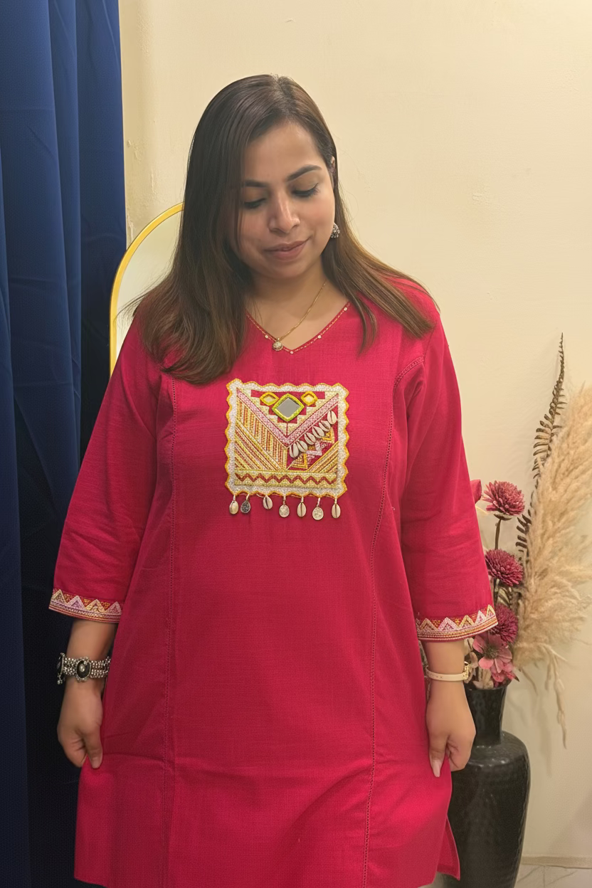 Fuchsia Pink Embroidered Co-ord Set with Mirror Work