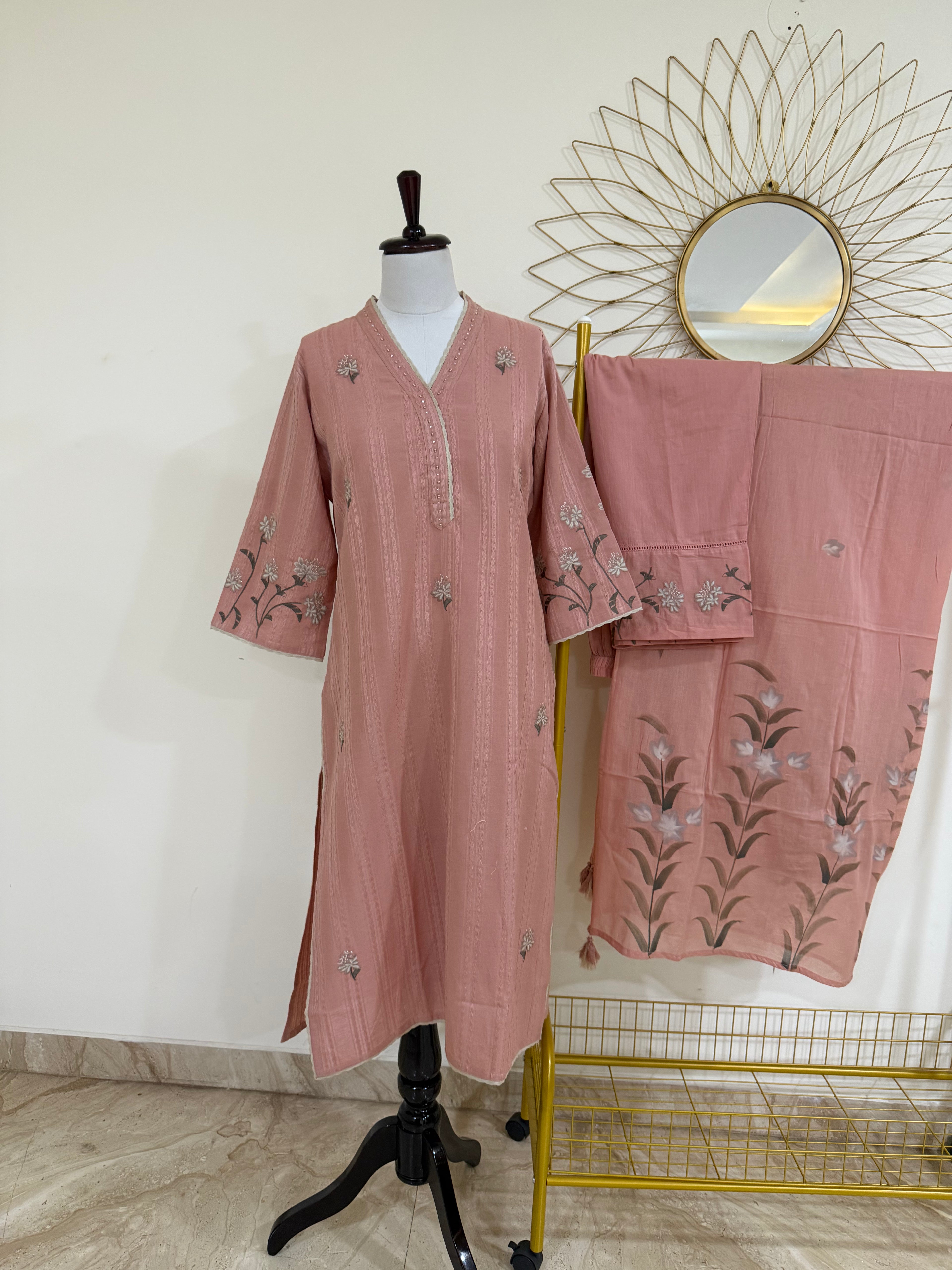 Peachy Nude Embroidered 3-Piece Suit Set