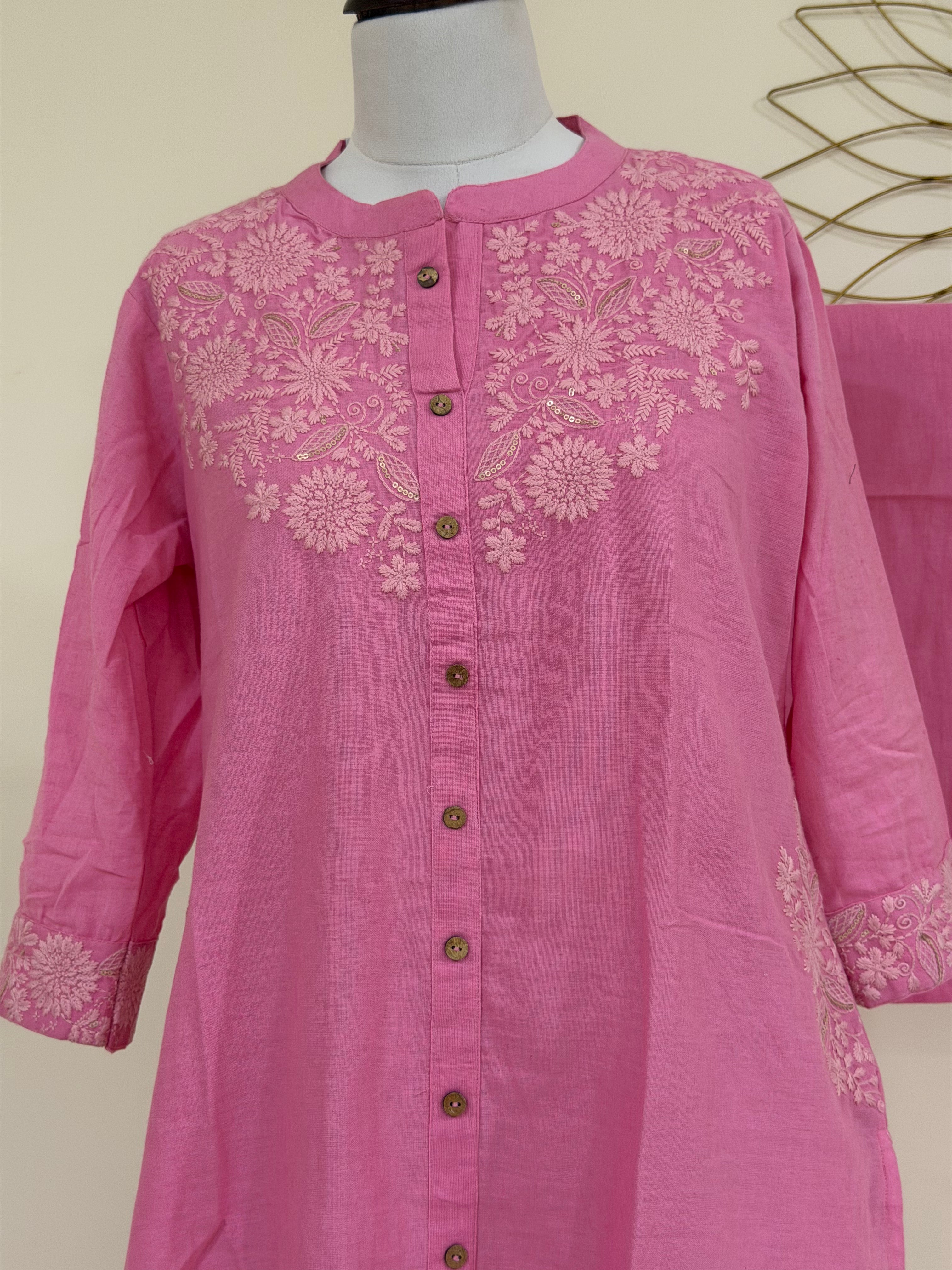 Pink Khadi Cotton Embroidered Co-ord Set