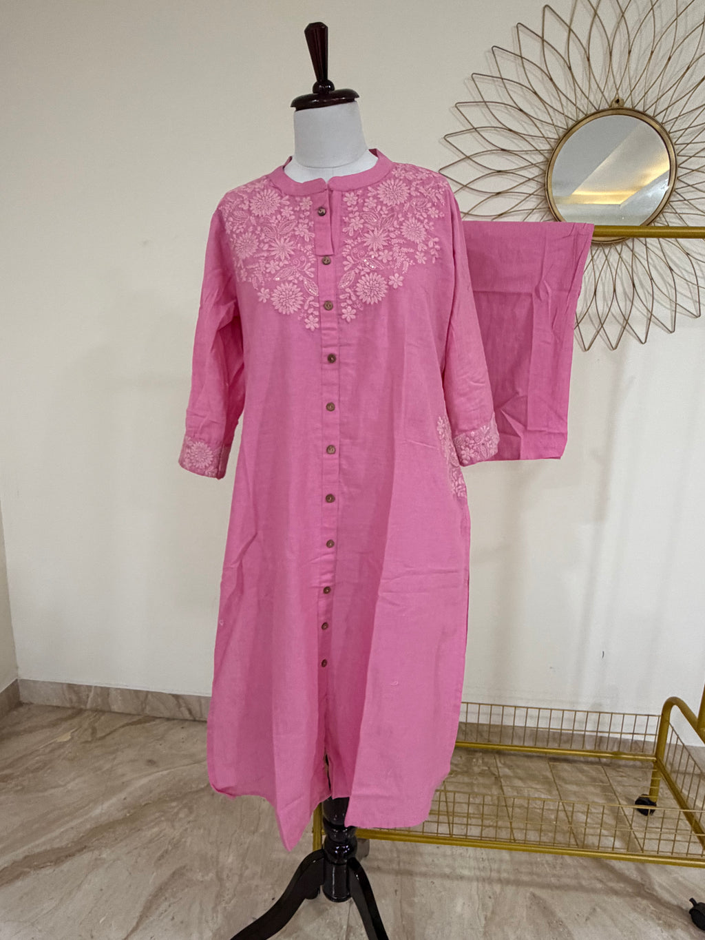 Pink Khadi Cotton Embroidered Co-ord Set