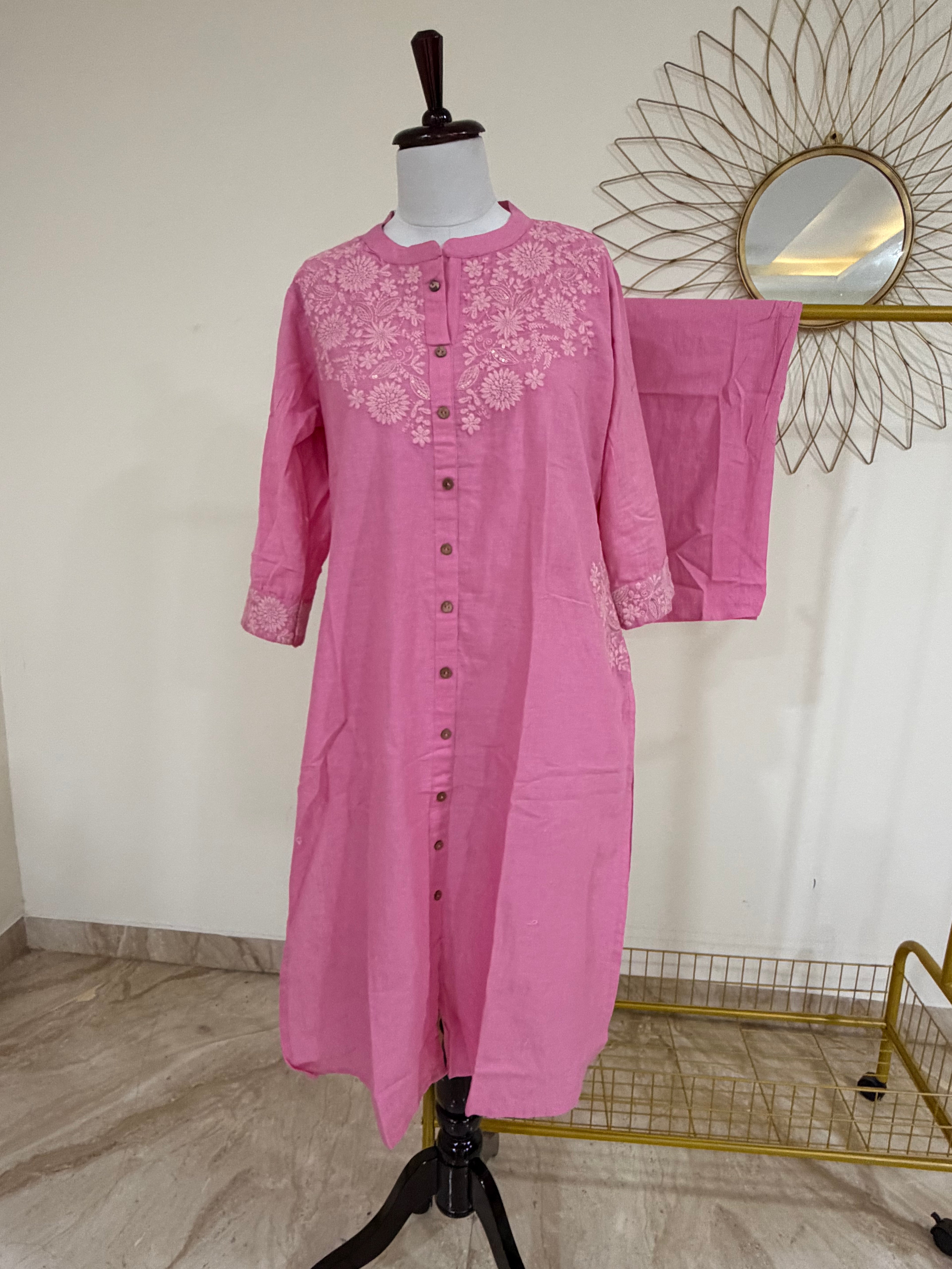 Pink Khadi Cotton Embroidered Co-ord Set