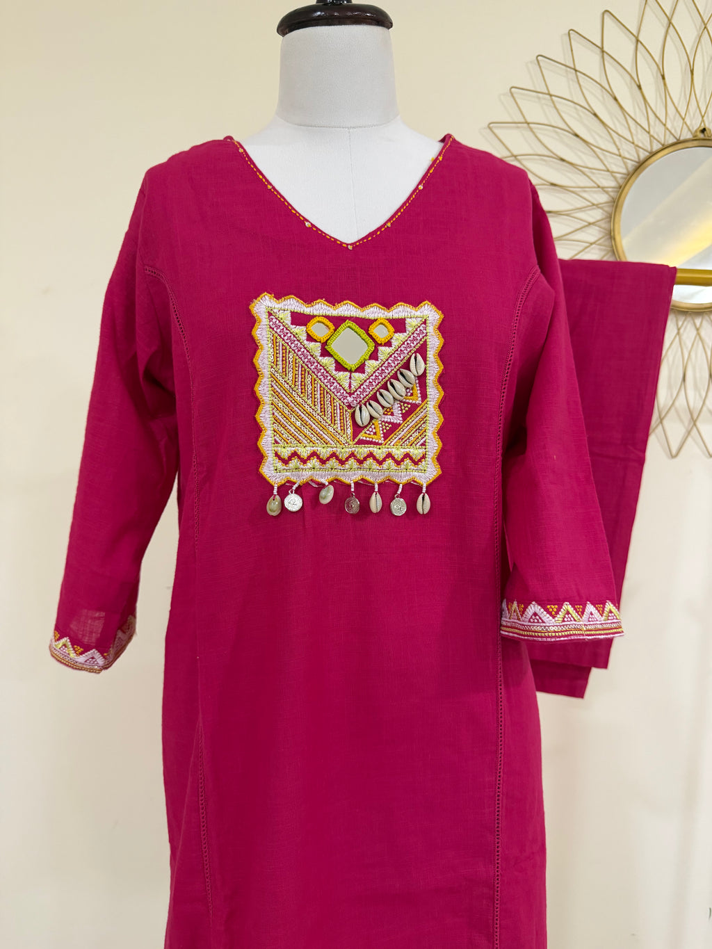Fuchsia Pink Embroidered Co-ord Set with Mirror Work