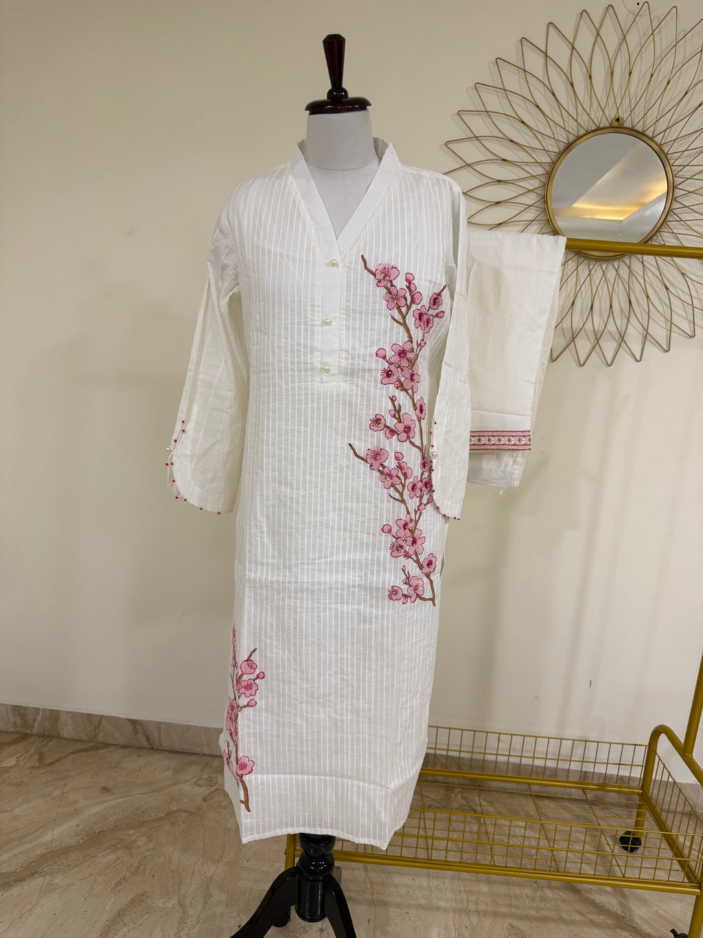 White Cherry Blossom Printed Co-ord Set with Embroidery