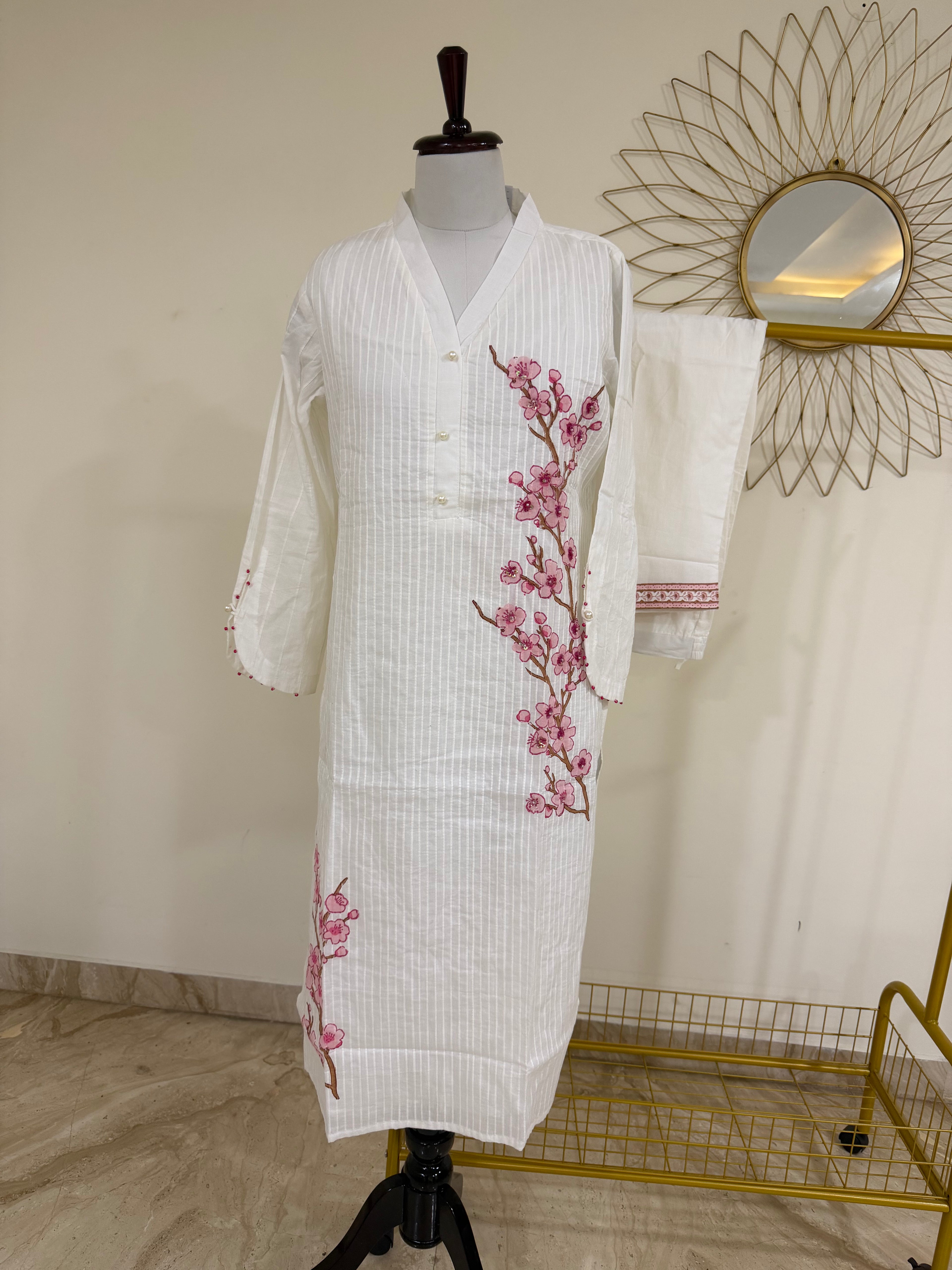 White Cherry Blossom Printed Co-ord Set with Embroidery